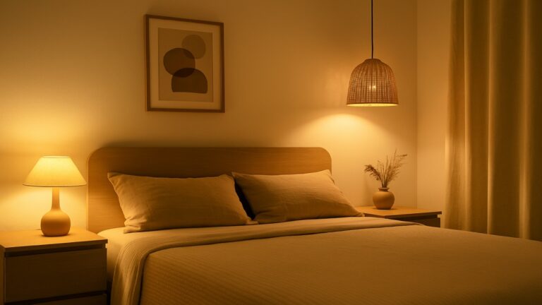 Soft evening light spilling across a quiet bedroom